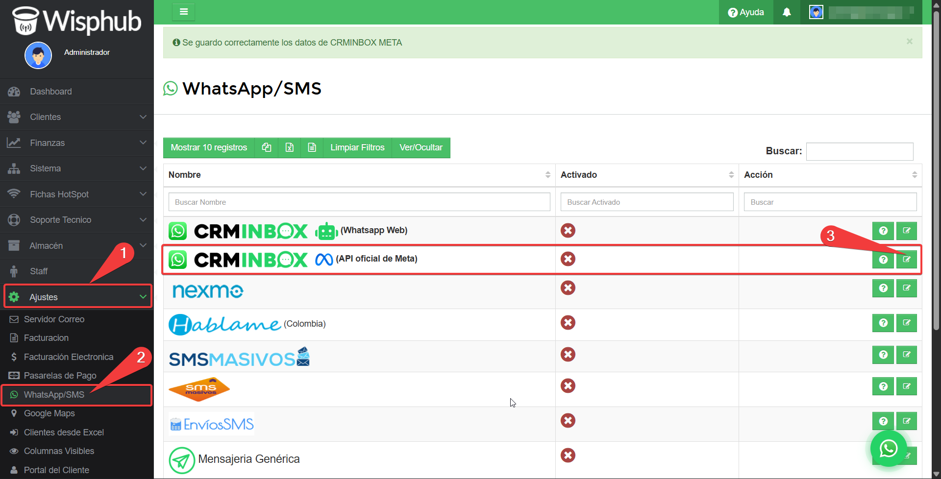 Configuración CRM Inbox API Oficial en WispHub