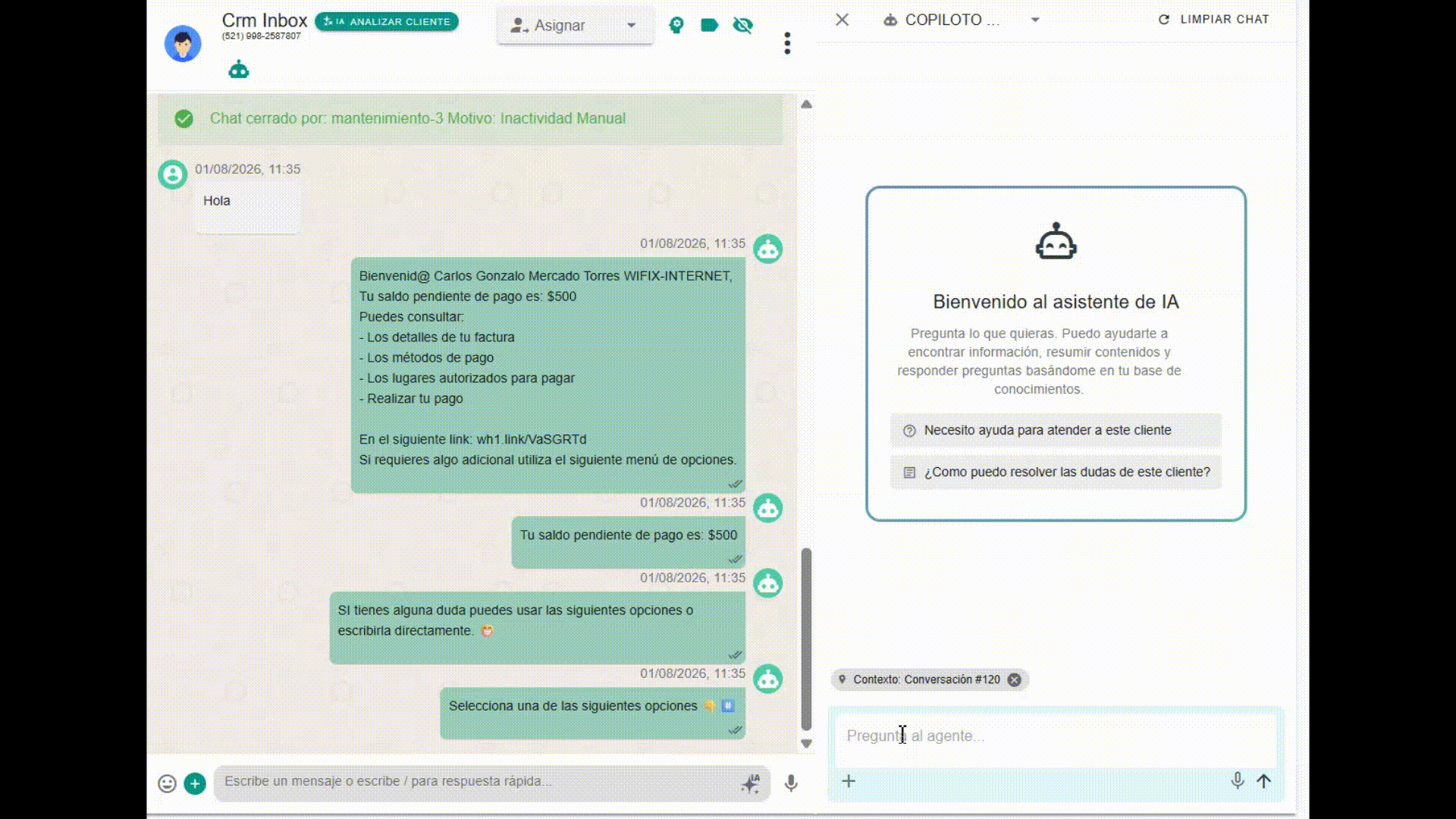 Ejemplo animado: el Copiloto de IA respondiendo a un cliente con saldo pendiente