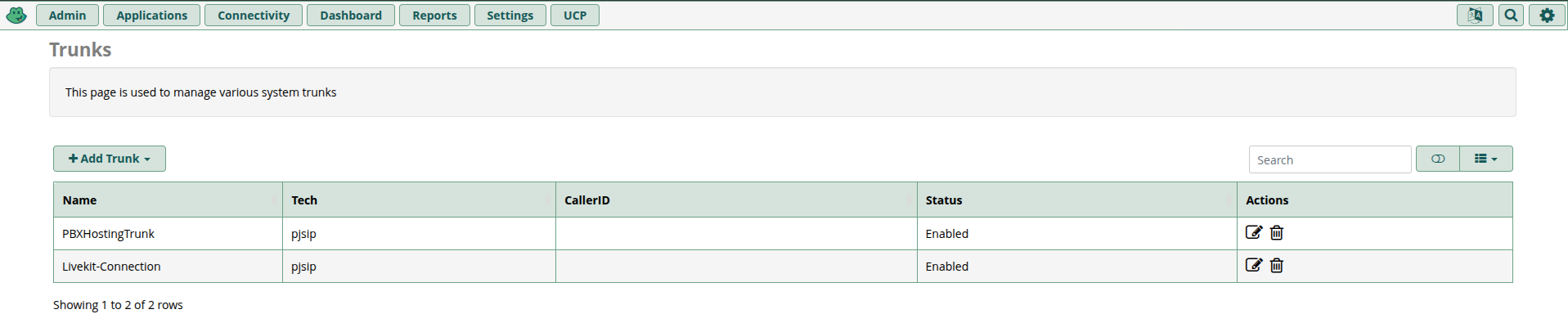 Lista de troncales en Connectivity → Trunks con el troncal Livekit-Connection