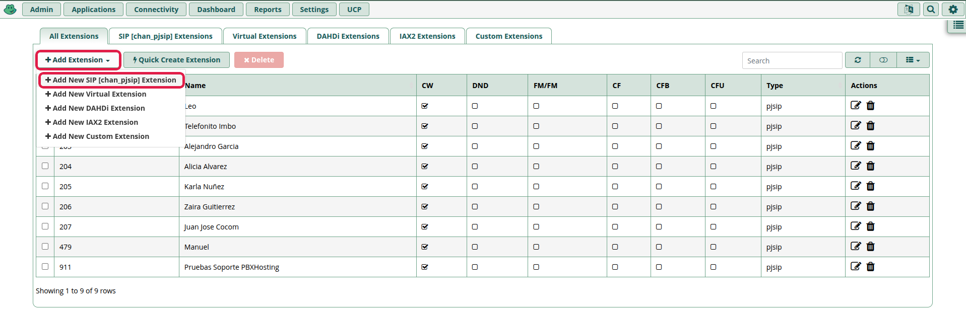 Menú Add Extension con la opción Add New SIP [chan_pjsip] Extension