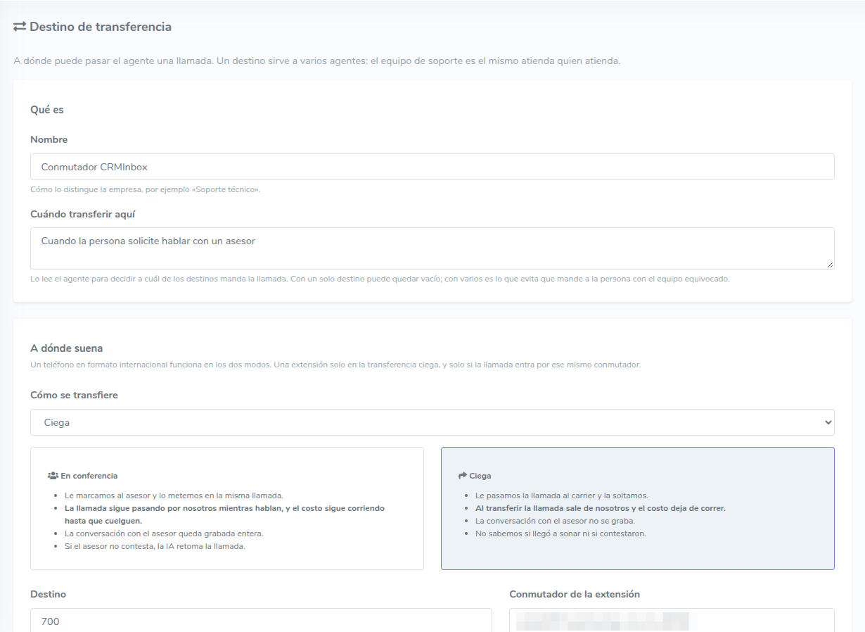 Destino de transferencia en CRMInbox: Nombre, Cuándo transferir aquí y Cómo se transfiere en Ciega