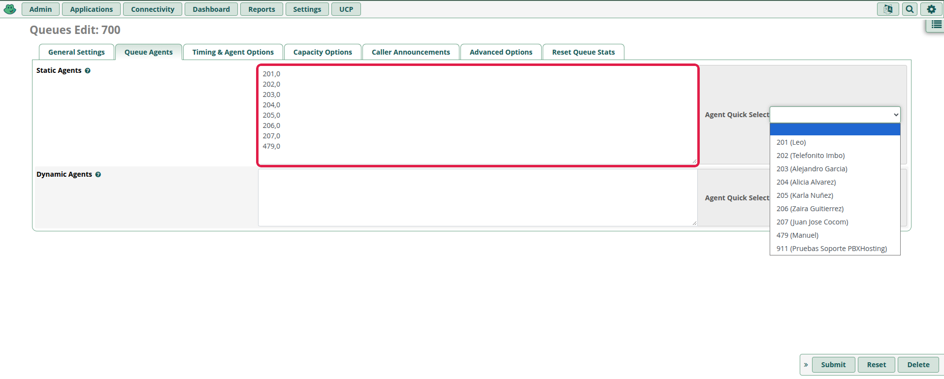 Pestaña Queue Agents con las extensiones 201 a 207 y 479 como Static Agents