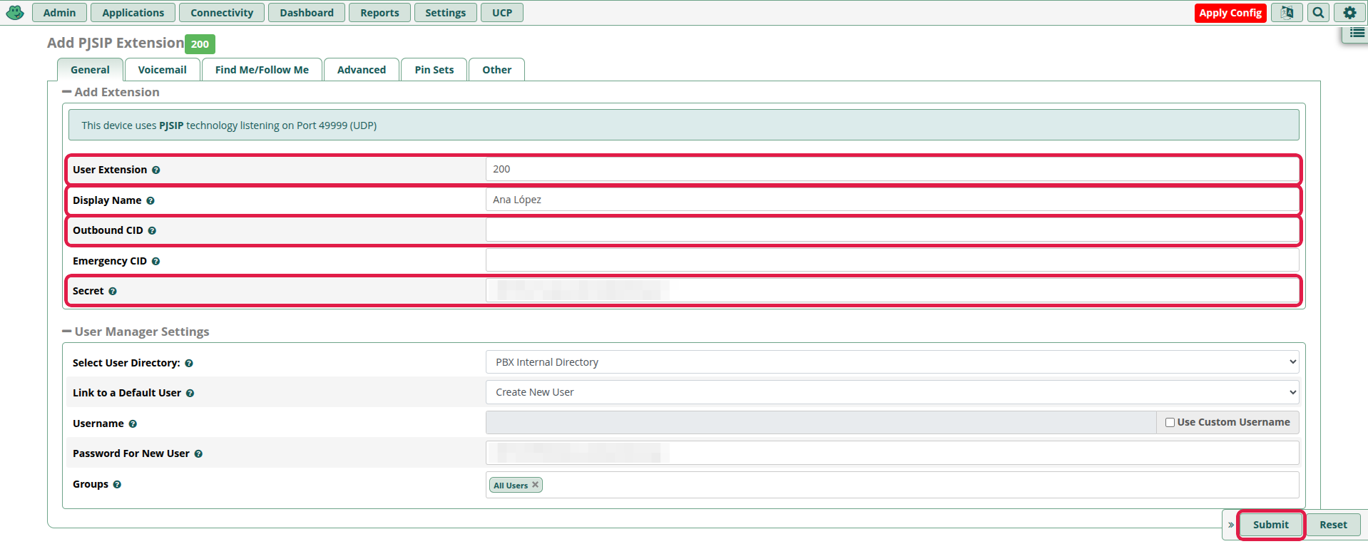 Formulario Add PJSIP Extension: User Extension 200, Display Name Ana López, Outbound CID vacío y Secret automático