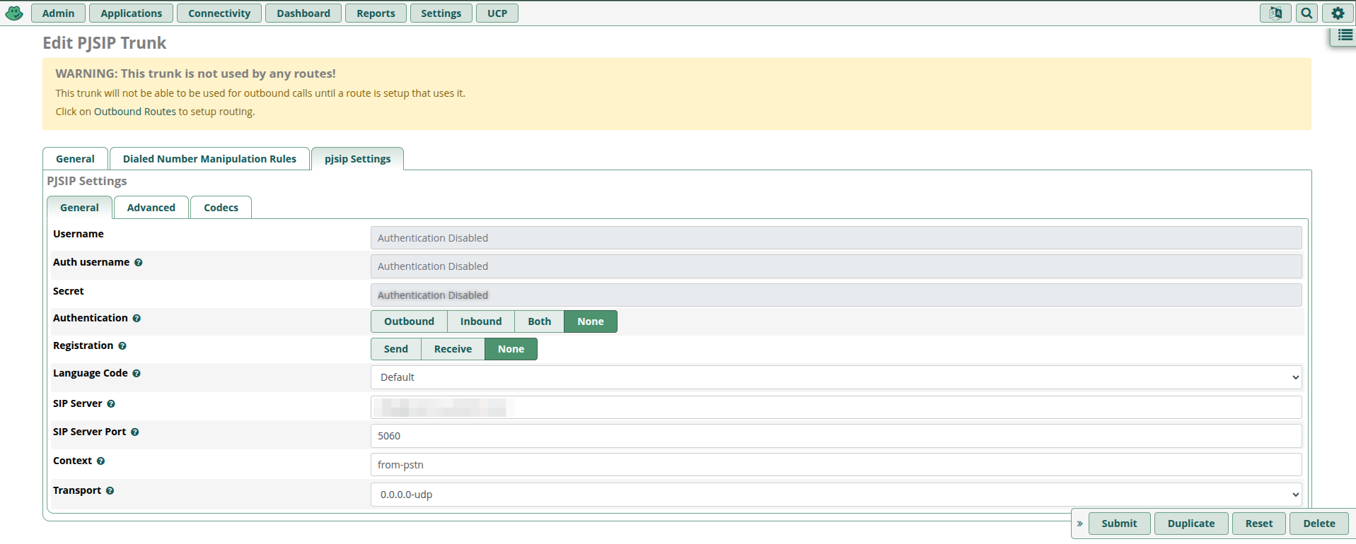 pjsip Settings → General: Authentication y Registration en None, SIP Server, puerto 5060, contexto from-pstn y transporte UDP