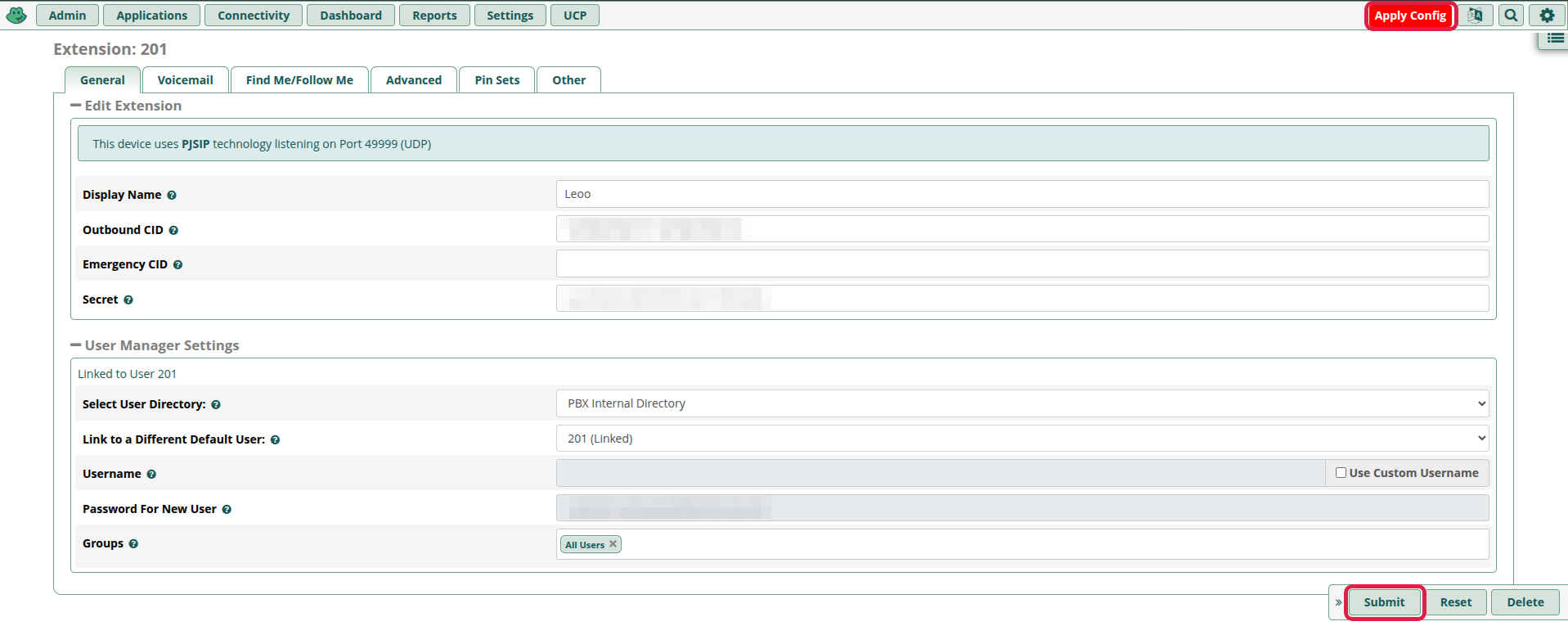 Botones Submit y Apply Config de FreePBX