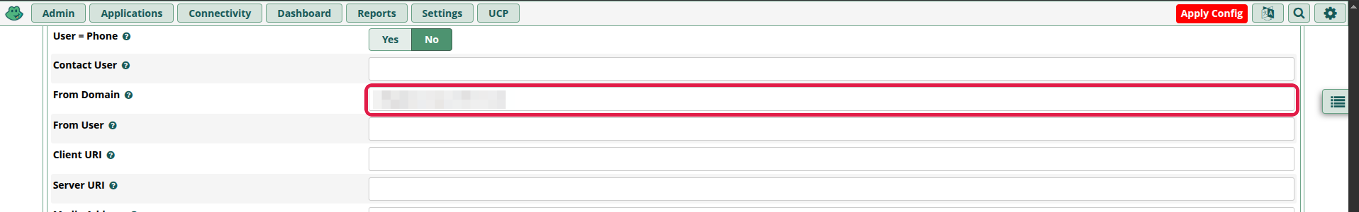 pjsip Settings → Advanced con el campo From Domain