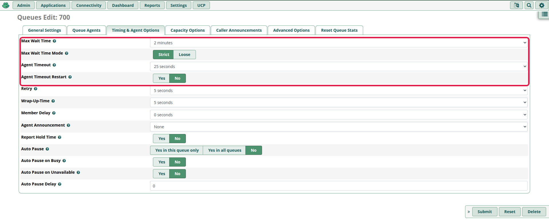 Pestaña Timing & Agent Options con Max Wait Time, Agent Timeout, Retry y Wrap-Up-Time