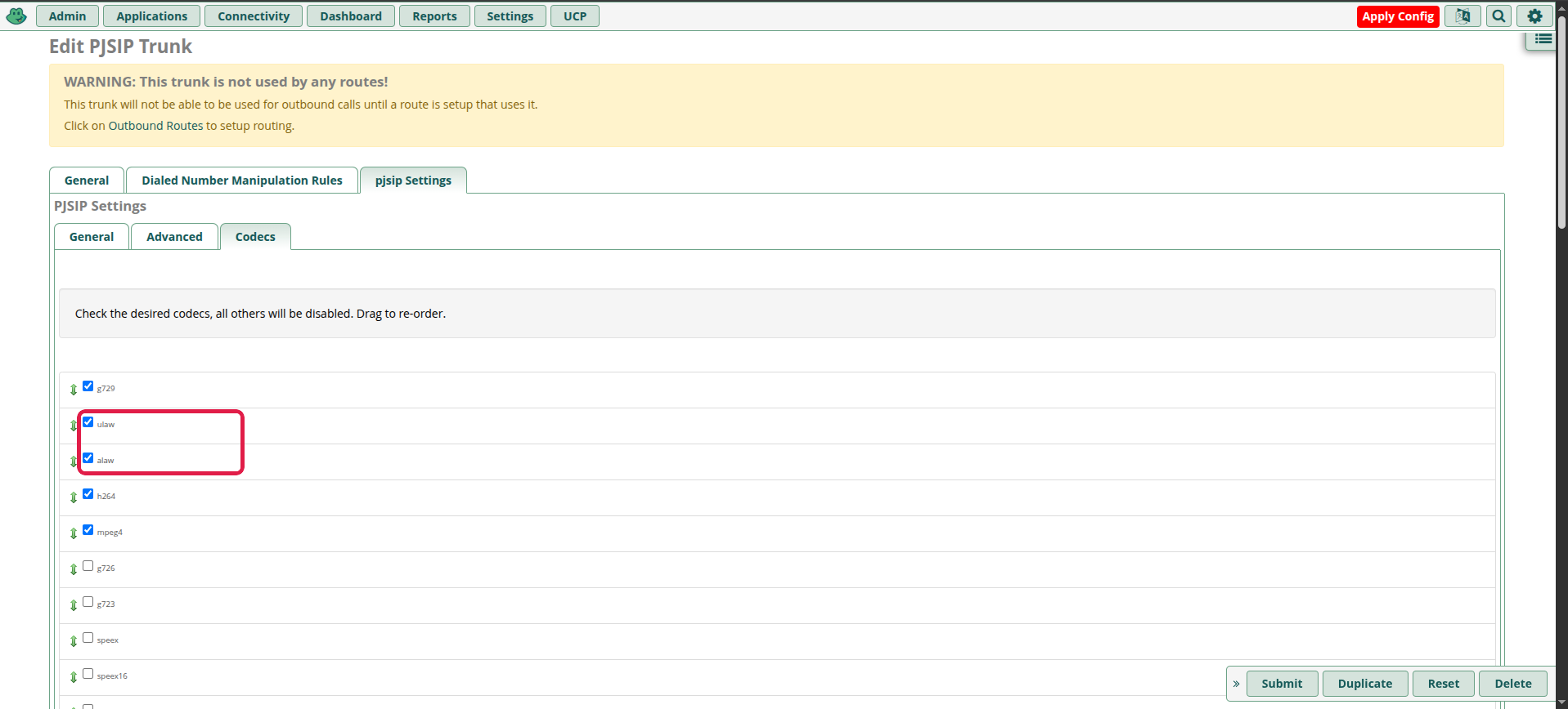 pjsip Settings → Codecs con ulaw y alaw marcados