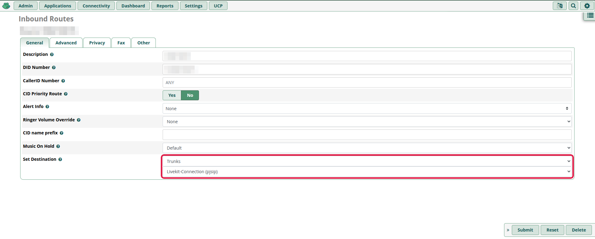Inbound Route con Set Destination en Trunks → Livekit-Connection (pjsip)