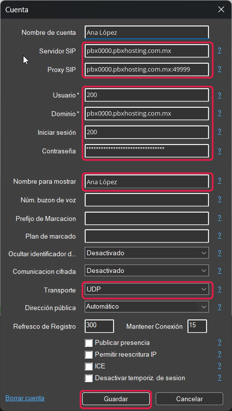 Ventana Cuenta de MicroSIP con un ejemplo de configuración: Servidor SIP, Proxy SIP con puerto, Usuario, Dominio, Contraseña y Transporte UDP