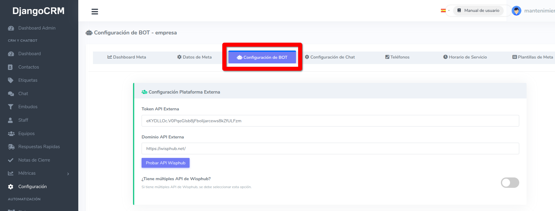 Botón Configuración de BOT